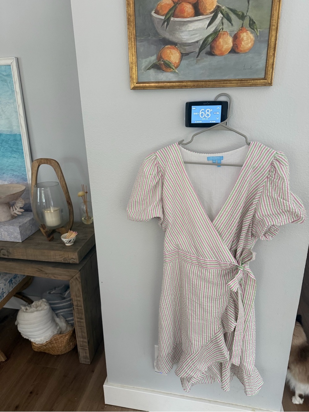 Draper James Light Pink, Green and White Striped Wrap Dress